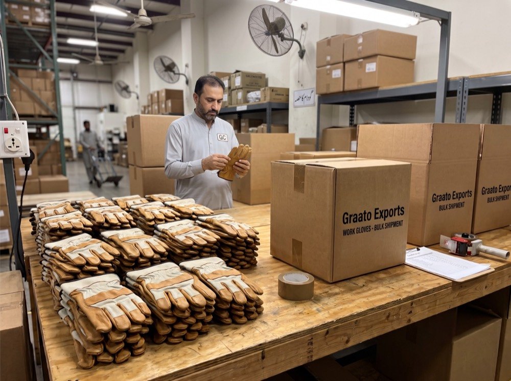 Work gloves packed in cartons for bulk export shipment