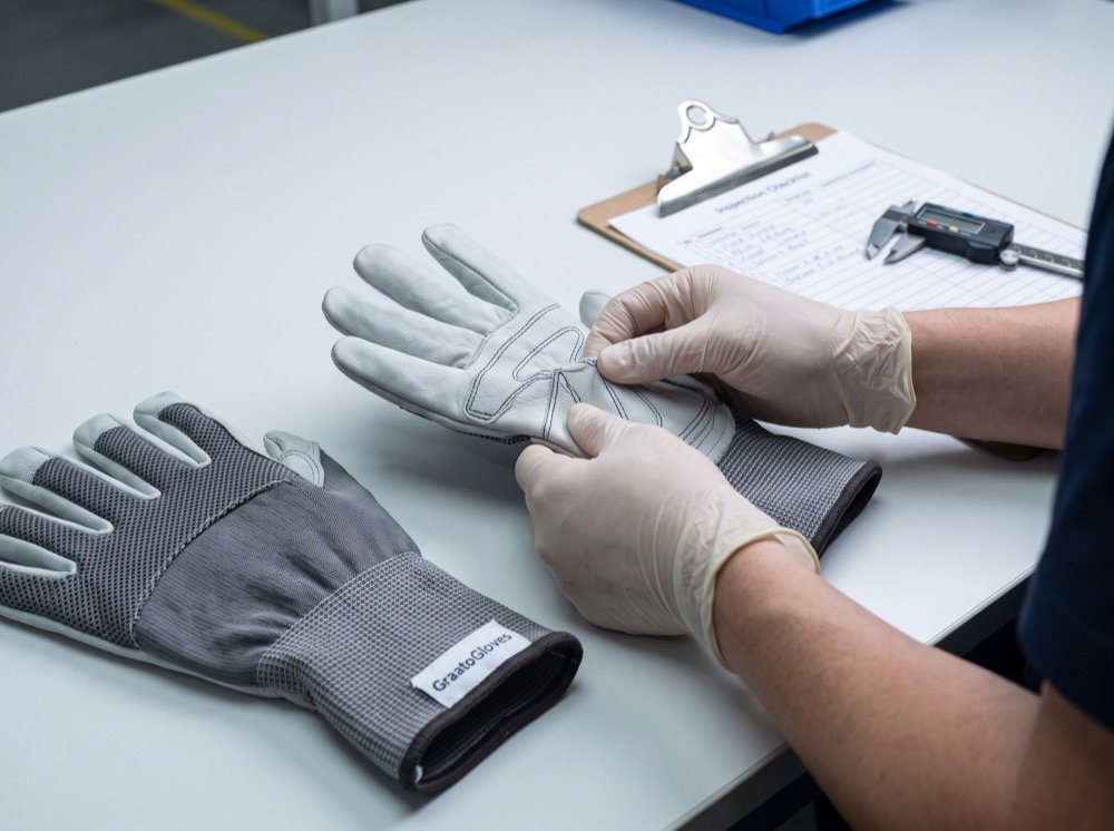 Quality inspection of work gloves for stitching and grip