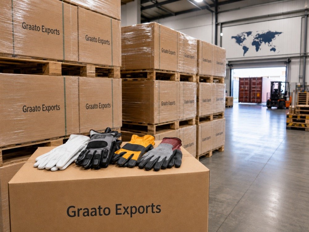 Sealed export cartons of work gloves ready for shipment