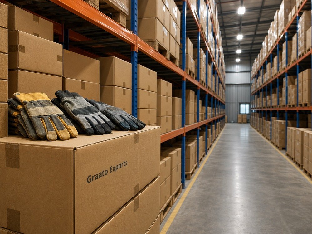 Organized warehouse with stacked cartons of work gloves in inventory
