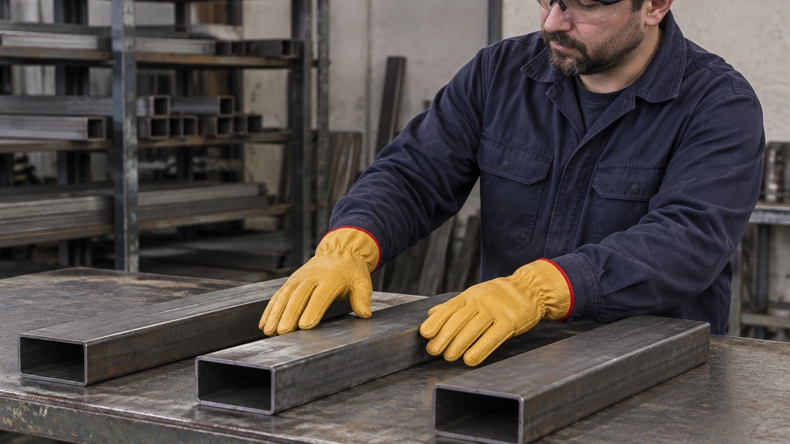 Worker wearing tan leather gloves positioning steel sections on a fabrication bench