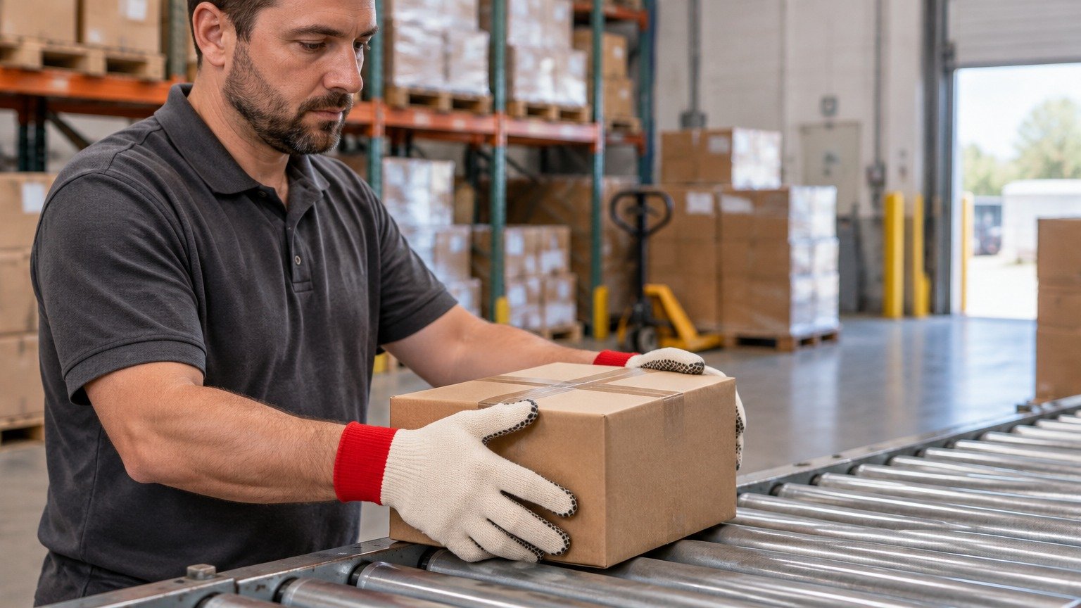 Worker holding a carton with plain glove backs visible and dotted working surfaces against cardboard