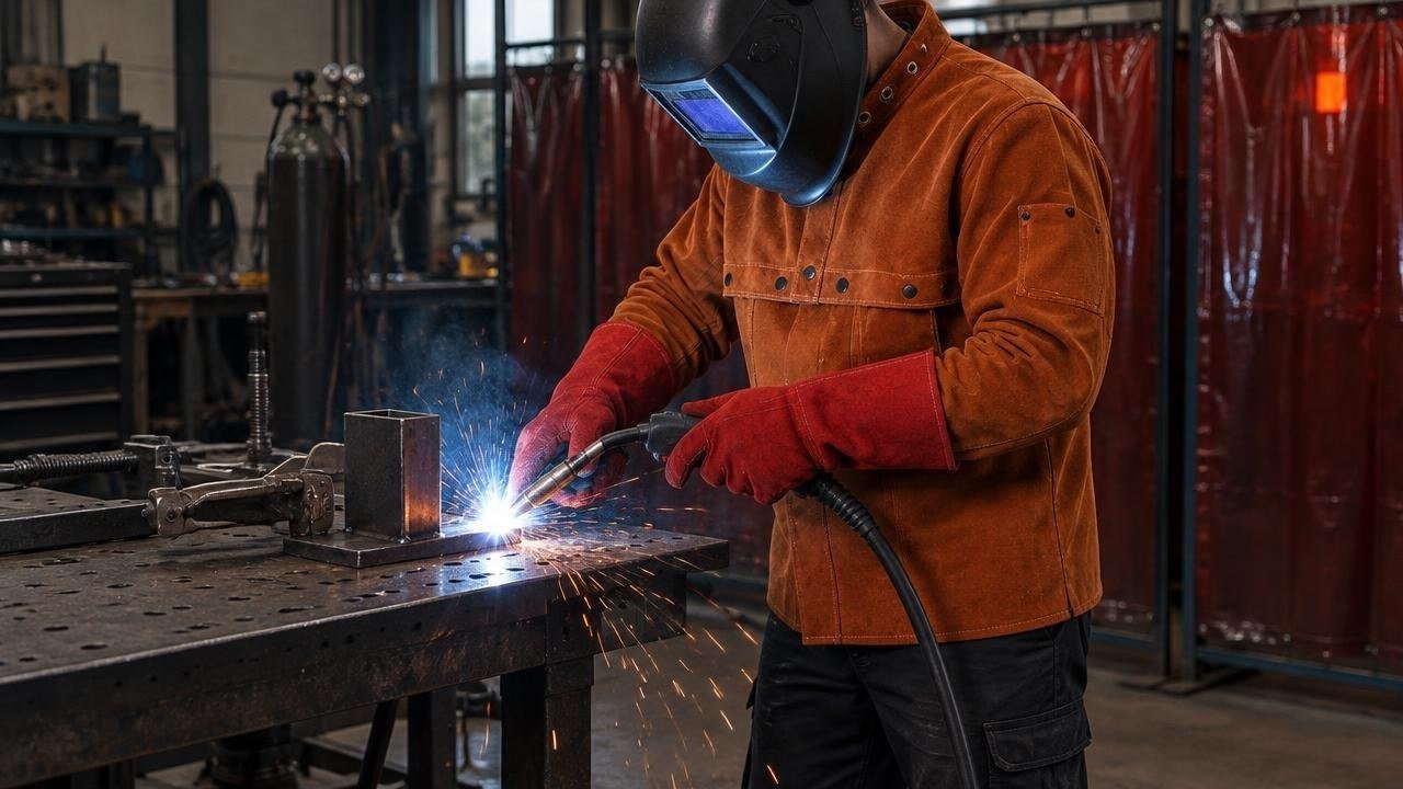 Welder in leather jacket and gauntlets welding steel with a lowered helmet and sparks