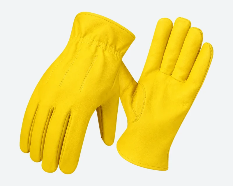 Yellow Cow-Grain Extended-Cuff Gloves